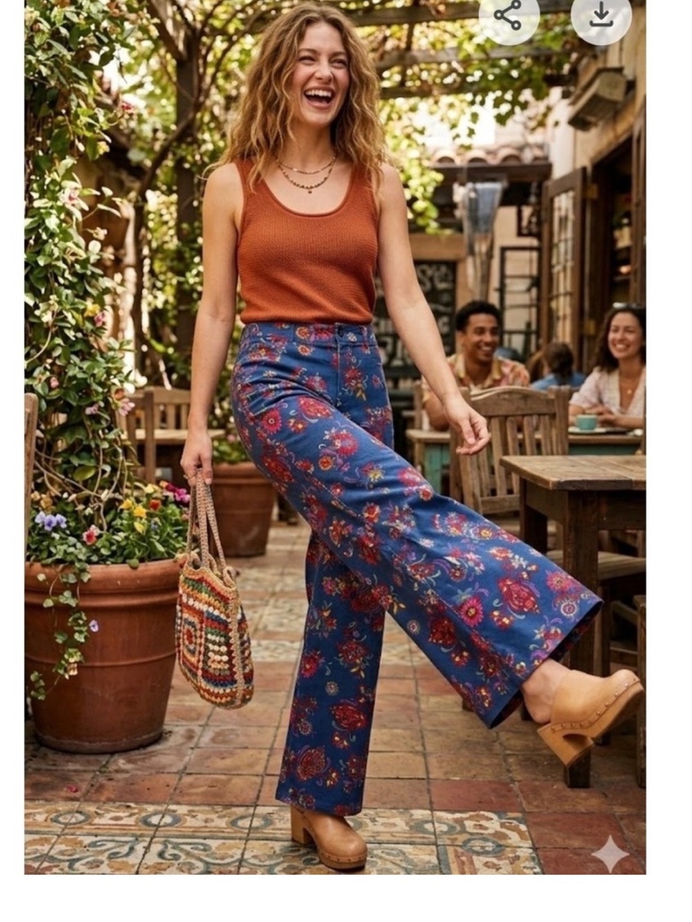 Modcloth Blue Floral Wide-Leg High-Rise Pants